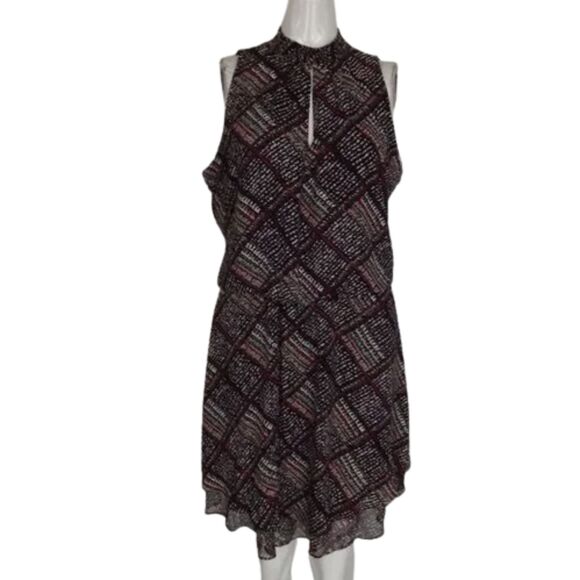 WHBM Dress, M, Smocked Neck/Keyhole, Sleeveless, Black/Purple-White Geometric - Picture 11 of 14